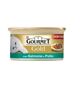 Ultimissimo Modello Gourmet gold, alimento umido per gatto, dadini in salsa con salmone e pollo.