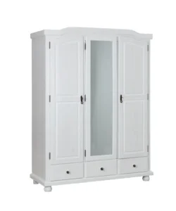 Armadio 3 ante battenti con specchio e 3 cassetti in pino massello bianco 150x56x200 cm Ultime Pezzi