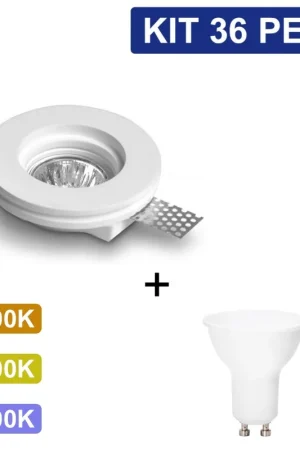 Ultime Pezzi KIT 36 Portafaretti Gesso Ceramico Slim Rotondo da Incasso + 36 Lampadine GU10