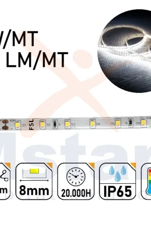 Striscia Led 6W/MT 24V PCB 8mm 300 Led SMD 2835 IP65 6500K 5MT Economico