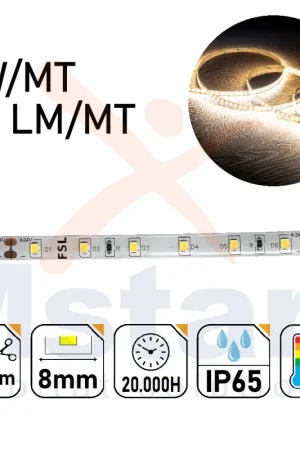 Striscia Led 6W/MT 24V PCB 8mm 300 Led SMD 2835 IP65 4000K 5MT Direttamente Dal Produttore