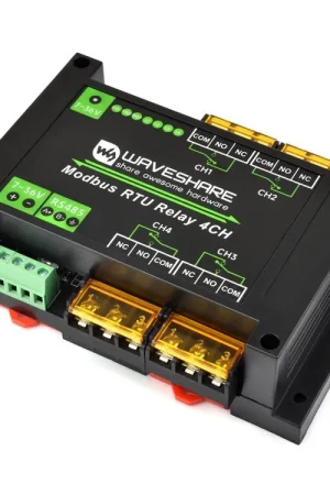 Waveshare Modulo relè industriale Modbus RTU a 4 canali con interfaccia RS485, corrente alta da 30A, indicatori LED a bordo, circuiti di protezione multi-isolamento, custodia da montaggio su guida di grado industriale. Promozione