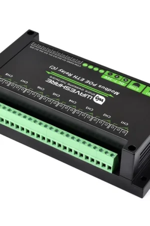 Waveshare Porte Ethernet doppie, modulo relè a 8 canali (C), protocollo Modbus RTU, alimentazione PoE, con vari circuiti di isolamento e protezione, custodia industriale montabile su guida. Professionale