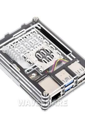Waveshare Custodia in acrilico trasparente e nera per Raspberry Pi 5, compatibile con l'installazione del raffreddatore attivo ufficiale. Prezzo Di Fabbrica